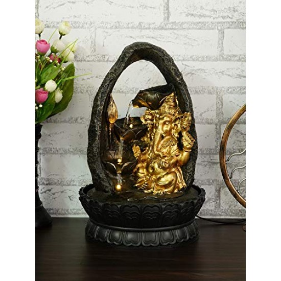 Polyresin Golden Brown Ganesha Tabletop Indoor 3 Artistic Steps Water Fountain for Living Room Home Decor with Speed Controller Pump & LED