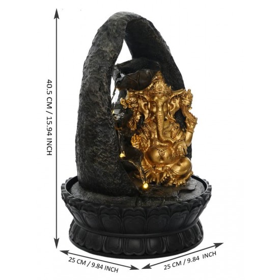 Polyresin Golden Brown Ganesha Tabletop Indoor 3 Artistic Steps Water Fountain for Living Room Home Decor with Speed Controller Pump & LED