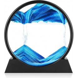 3D Dynamic Sand Art Liquid Motion, Moving Sand Art Picture Round Glass 3D Deep Sea Sandscape in Motion Display Flowing Sand Frame Relaxing Desktop Home Office Work Decor (7 inch) (Blue)