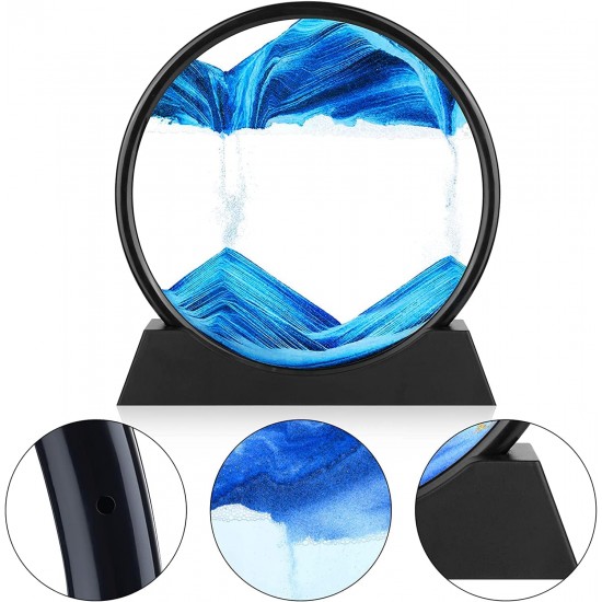 3D Dynamic Sand Art Liquid Motion, Moving Sand Art Picture Round Glass 3D Deep Sea Sandscape in Motion Display Flowing Sand Frame Relaxing Desktop Home Office Work Decor (7 inch) (Blue)