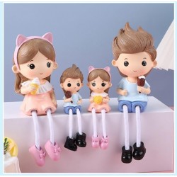 4 pcs Polyresin Lifestyle Lovely Miniature Family Couple Set Hanging Legs Showpiece, Cute Boy and Girl Toy Statue figurines Decorative for Gifting, Home Decor, Living Room, Table Decoration