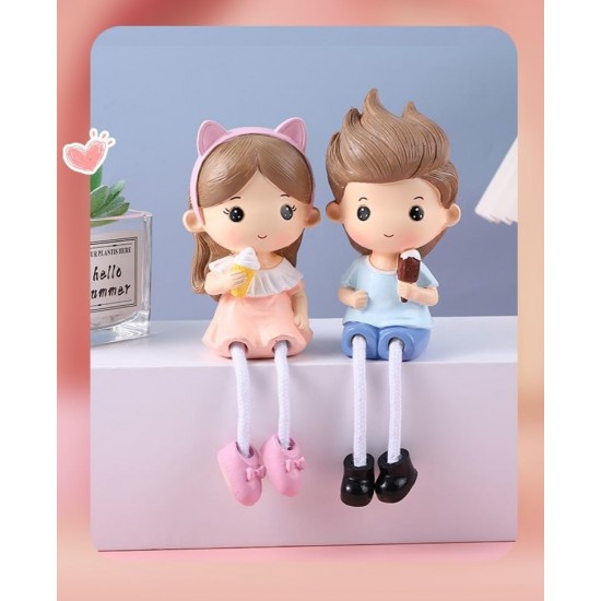 4 pcs Polyresin Lifestyle Lovely Miniature Family Couple Set Hanging Legs Showpiece, Cute Boy and Girl Toy Statue figurines Decorative for Gifting, Home Decor, Living Room, Table Decoration