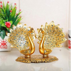 Metal Double Lovers Peacock Statue, Showpiece Figurine- Standard, Gold, 25 Cm, 16 Cm