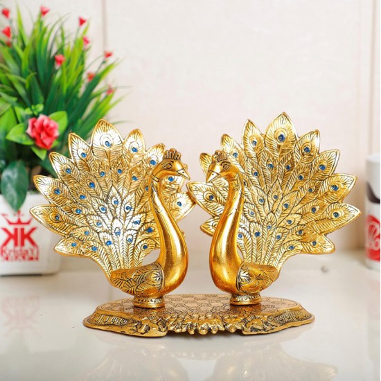 Metal Double Lovers Peacock Statue, Showpiece Figurine- Standard, Gold, 25 Cm, 16 Cm