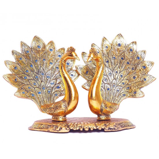 Metal Double Lovers Peacock Statue, Showpiece Figurine- Standard, Gold, 25 Cm, 16 Cm