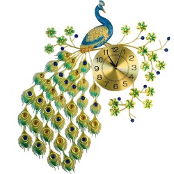 Metal 3D Peacock Big Size Analog Wall Clock For Home (Gold Blue, 32 Inches X 24 Inches) - Birds Theme