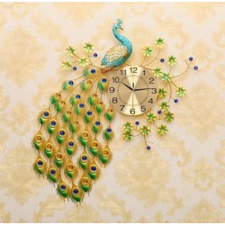 Metal 3D Peacock Big Size Analog Wall Clock For Home (Gold Blue, 32 Inches X 24 Inches) - Birds Theme