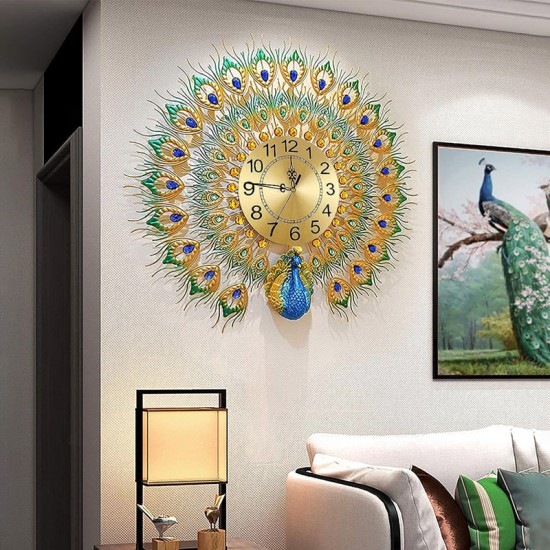 Peacock Wall Clock for Living Room Decor, Mid Century Decorative Big Peacock Wall Clocks Non-Ticking Silent Luxury Peacock Clock for Dining Room Bedroom