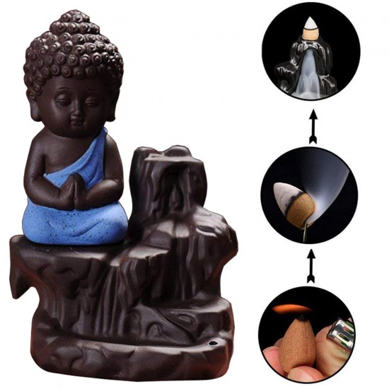 Buddha Monk Idol Backflow Smoke Conical Fountain Incense Stick Dhoop Batti Stand Holder with 15 Dhoop Cones